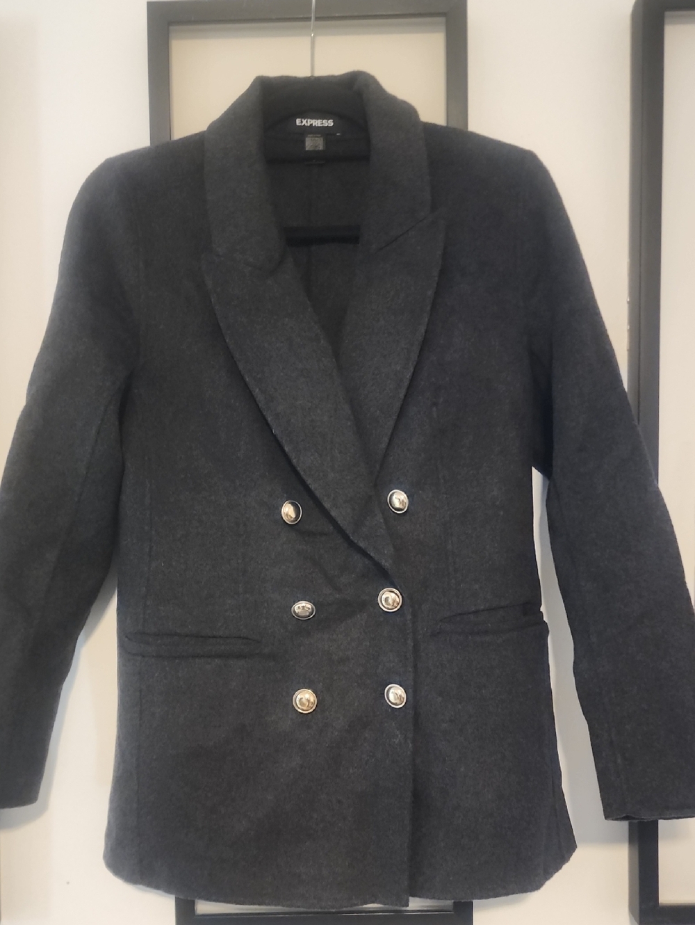 Express Double-Breasted Grey Wool Blazer Jacket